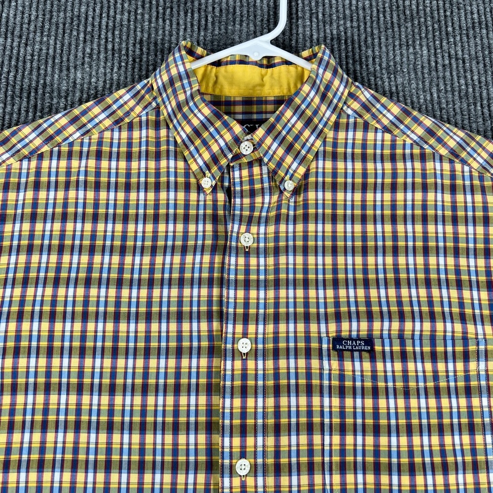 Chaps Ralph Lauren Shirt Mens Large Yellow Check Short Sleeve Button Down Casual